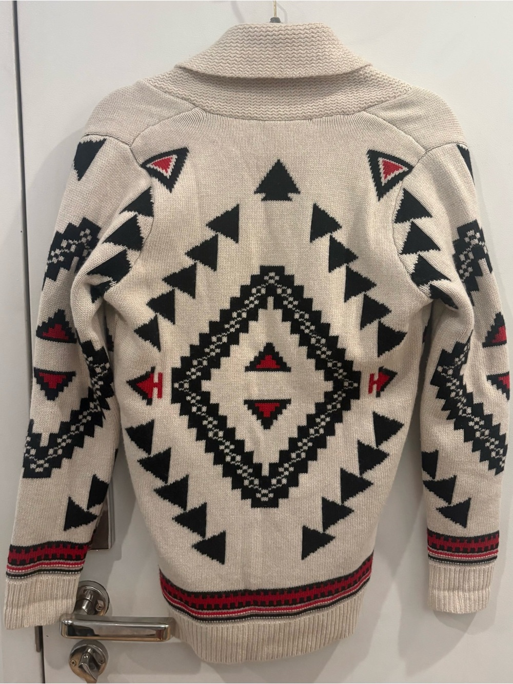 Sandro Shawl Collar Aztec Knit Cardigan Sweater - Beige/Black/Red - Picture 4 of 6